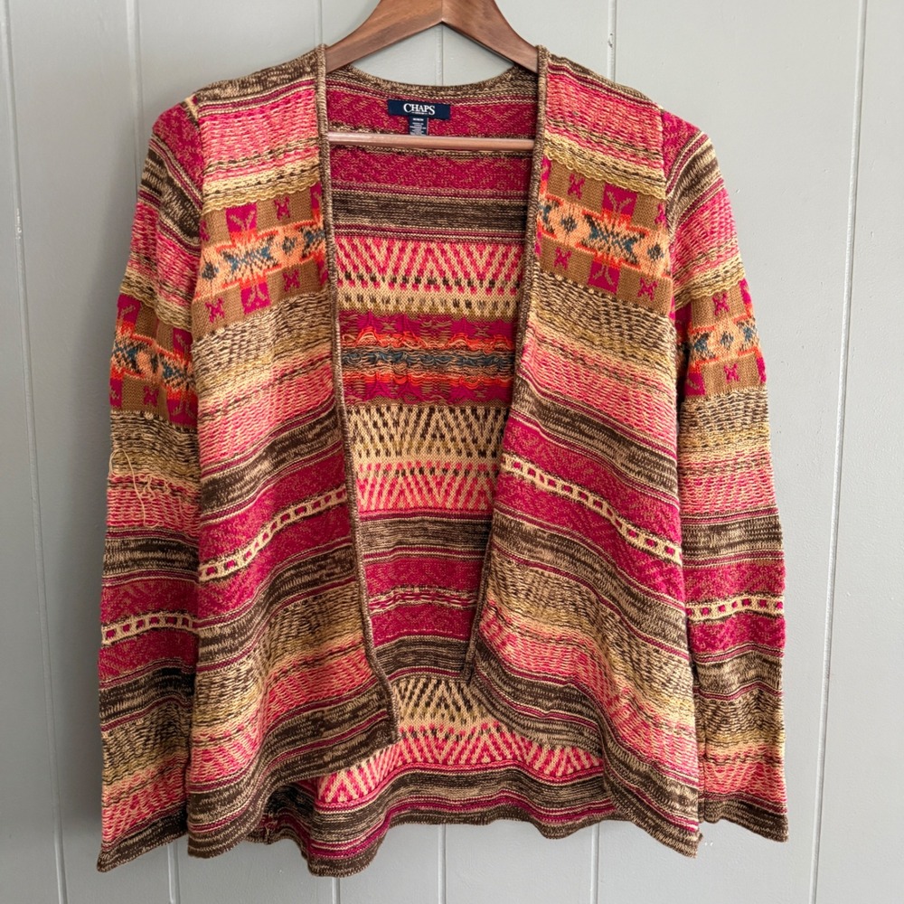 Chaps Denim Womens M Open Front Cardigan Cotton Linen Blend Aztec Southwestern